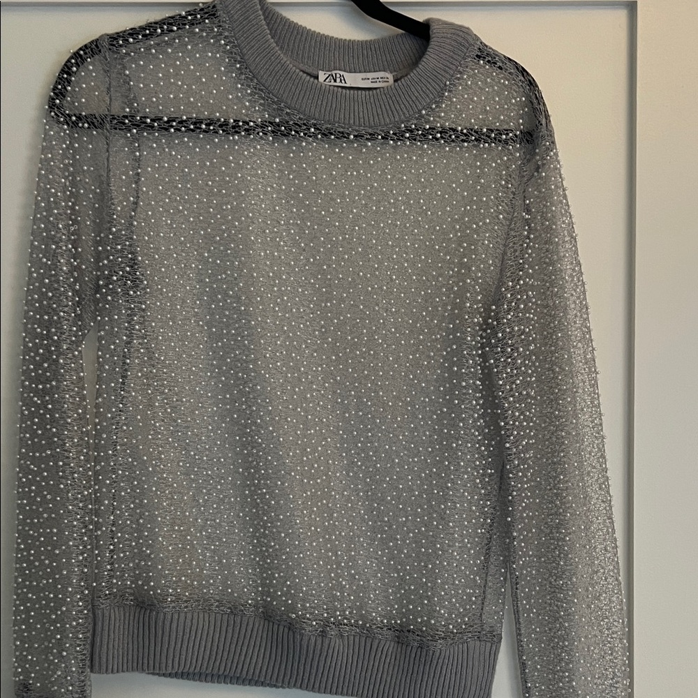 Zara Silver Sheer Beaded Top